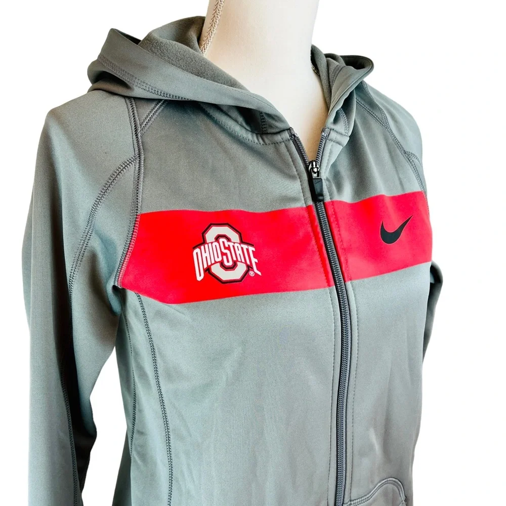 NIKE Ohio State Buckeyes‎ Gray Red  Dri Fit Full Zip Jacket Hoodie Football OSU